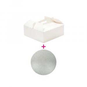 Kakkulaatikko kantokahvalla ja kakkualusta hopea pyöreä 25 cm (3 mm paksu)