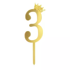 Kakunkoriste Numero 3 kullanvärinen kultaglitter-kruunulla