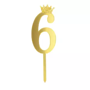 Kakunkoriste Numero 6 kullanvärinen kultaglitter-kruunulla