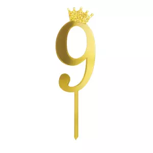 Kakunkoriste Numero 9 kullanvärinen kultaglitter-kruunulla