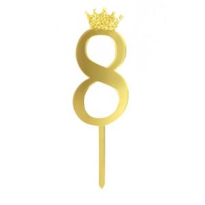 Kakunkoriste Numero 8 kullanvärinen kultaglitter-kruunulla