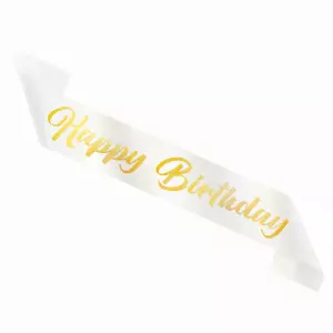 Olkanauha "Happy birthday" valkoinen kullanvärisellä tekstillä, 1 kpl