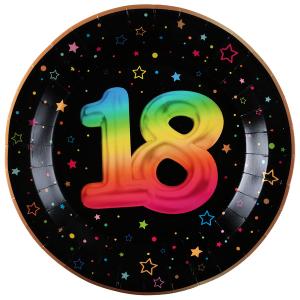 Pahvilautanen musta sateenkaarenvärisellä numerolla "18", 22,5 cm, 6 kpl