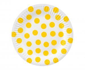 Pahvilautaset valkoiset keltaisilla pilkuilla 18 cm, 6 kpl