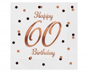 Iso valkoinen lautasliina "Happy 60 Birthday" ruusukultatekstillä, 20 kpl