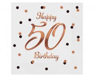 Iso valkoinen lautasliina "Happy 50 Birthday" ruusukultatekstillä, 20 kpl