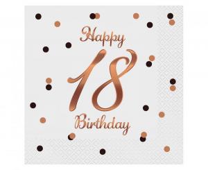 Iso valkoinen lautasliina "Happy 18 Birthday" ruusukultatekstillä, 20 kpl