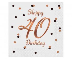 Iso valkoinen lautasliina "Happy 40 Birthday" ruusukultatekstillä, 20 kpl