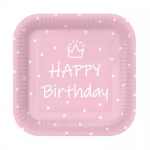 Pahvilautanen "Happy birthday" vaaleanpunainen neliö 23 cm, 10 kpl