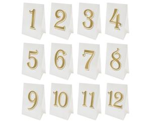 Pöytänumerot 1-12 valkoinen kullanvärisillä numeroilla 10 x 15 cm