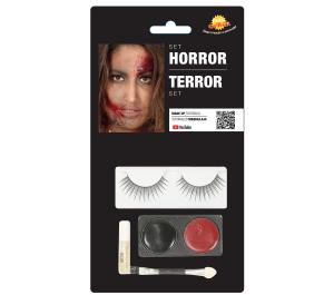 Kasvovärisetti horror, 2 kasvoväriä, sivellin, musta tekoripsipari, liima