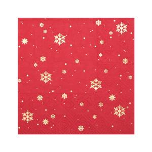 Pieni lautasliina punainen kultaisilla lumihiutaleilla, 20 kpl