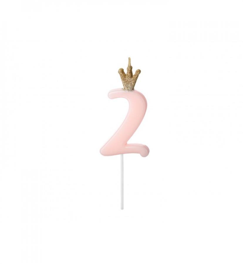 Kakkukynttilä numero 2 vaaleanpunainen kultaglitter kruunulla, 9,5 cm