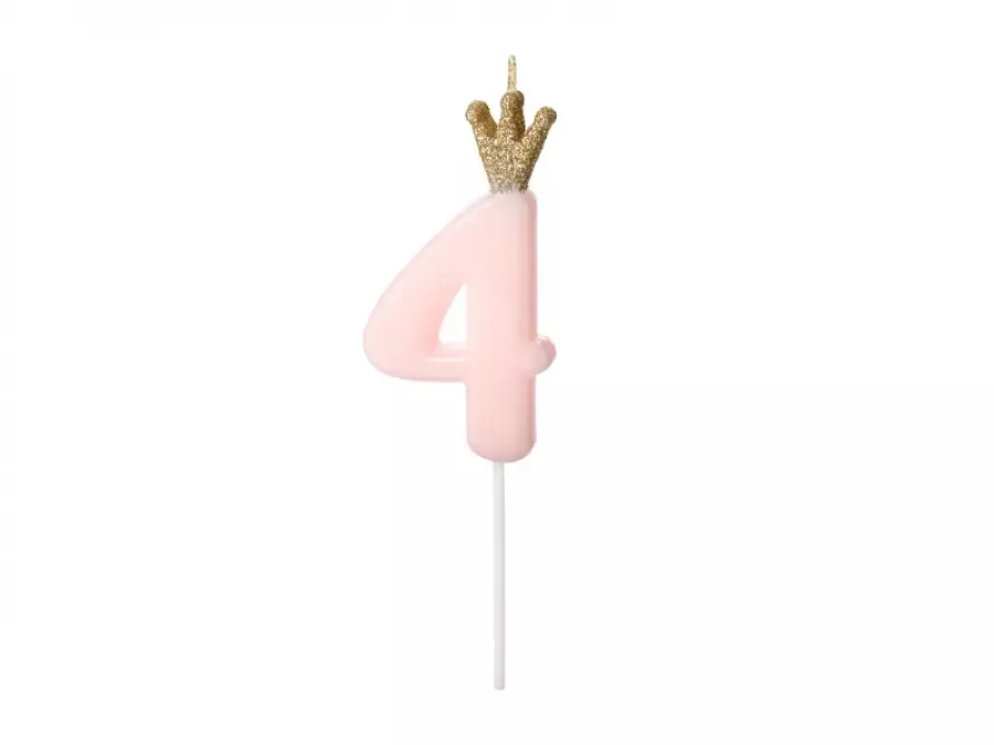 Kakkukynttilä numero 4 vaaleanpunainen kultaglitter kruunulla, 9,5 cm