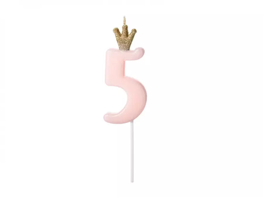 Kakkukynttilä numero 5 vaaleanpunainen kultaglitter kruunulla, 9,5 cm