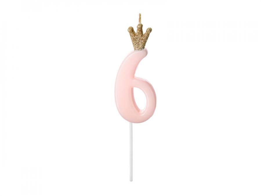 Kakkukynttilä numero 6 vaaleanpunainen kultaglitter kruunulla, 9,5 cm