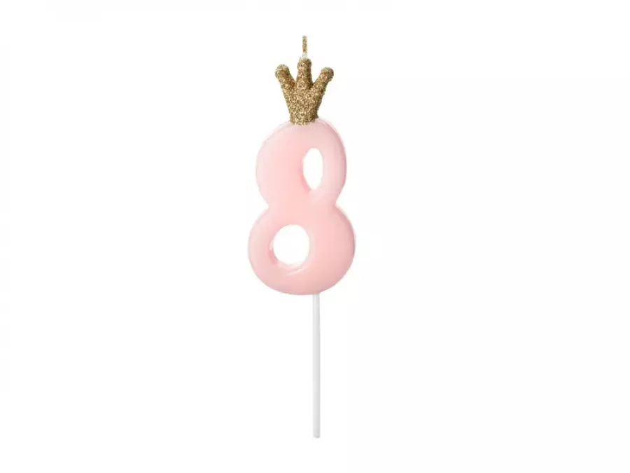 Kakkukynttilä numero 8 vaaleanpunainen kultaglitter kruunulla, 9,5 cm