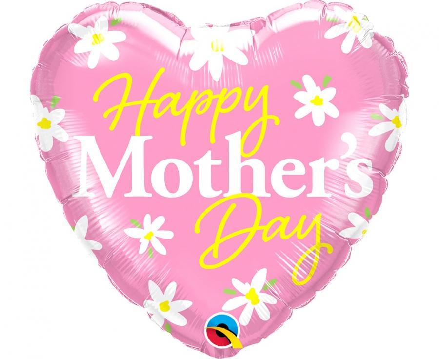 Foliopallo "Happy Mother's Day" vaaleanpunainen sydän kukilla, 46 cm