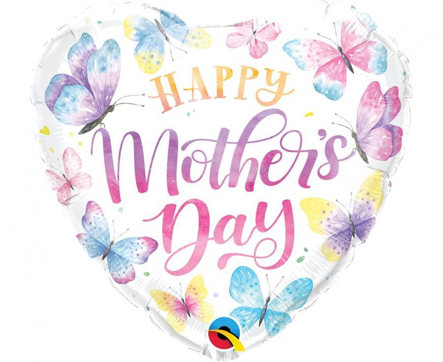 Foliopallo "Happy Mother's Day" valkoinen sydän perhosilla, 46 cm