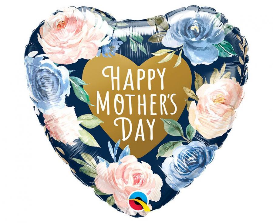 Foliopallo "Happy Mother's Day" sininen sydän vaaleanpunaisilla ja sinisillä ruusuilla, 46 cm