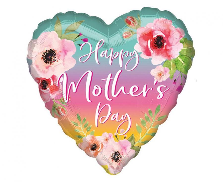 Foliopallo "Happy Mother's Day" värikäs sydän kukilla, 46 cm