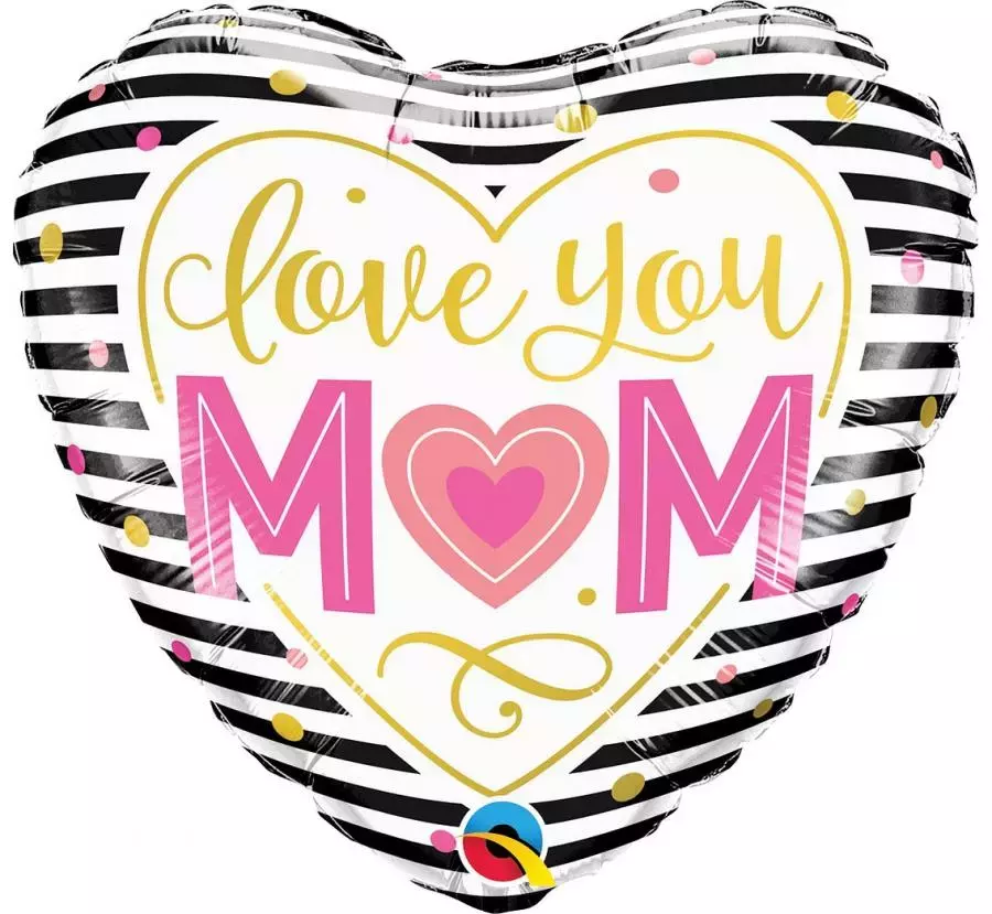 Foliopallo "Love you Mom" valkoinen sydän mustilla raidoilla, 46 cm