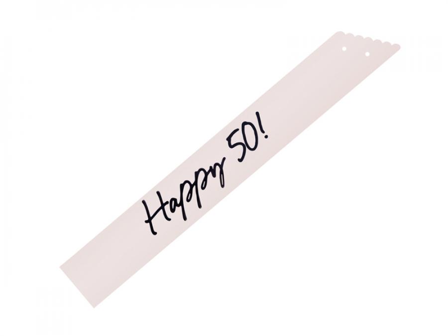 Olkanauha "Happy 50!" kermanvärinen mustalla tekstillä, 1 kpl