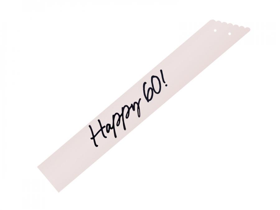 Olkanauha "Happy 60!" kermanvärinen mustalla tekstillä, 1 kpl