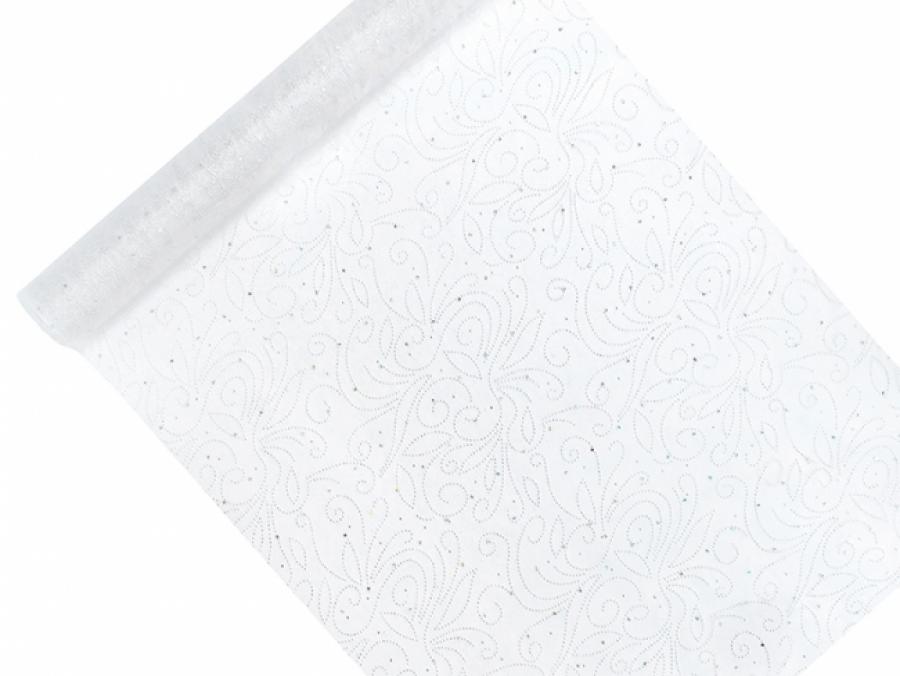 Organzakaitaliina valkoinen hopeanvärisillä timanteilla ja koristeornamenteilla, 9 x 0,48 cm rulla
