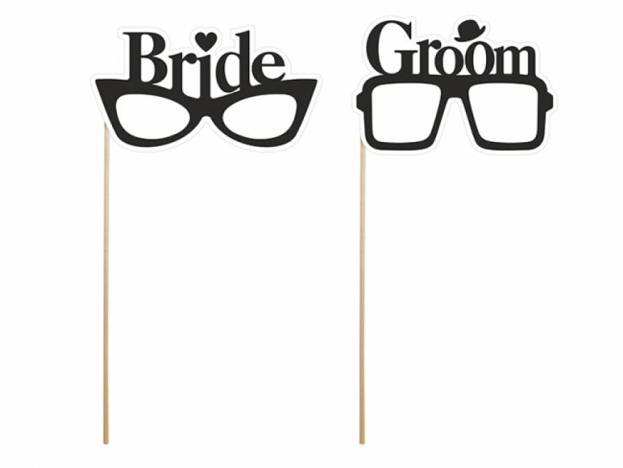 Photo booth- / valokuvakyltit "Bride" ja "Groom" lasit, 2 kpl