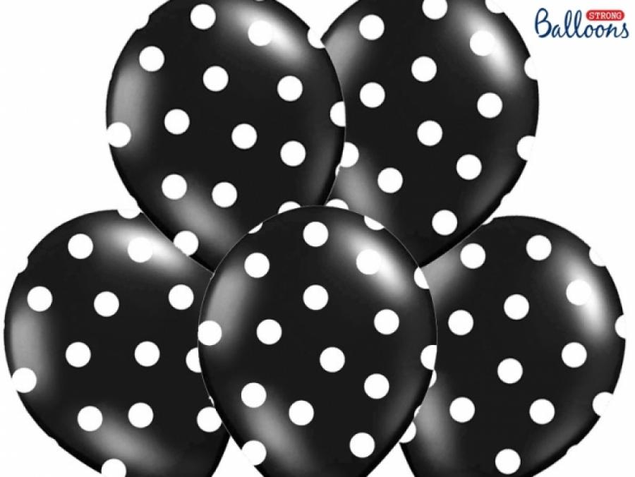 Vahvat ilmapallot musta valkoisilla pilkuilla "dots" 30 cm, 6 kpl