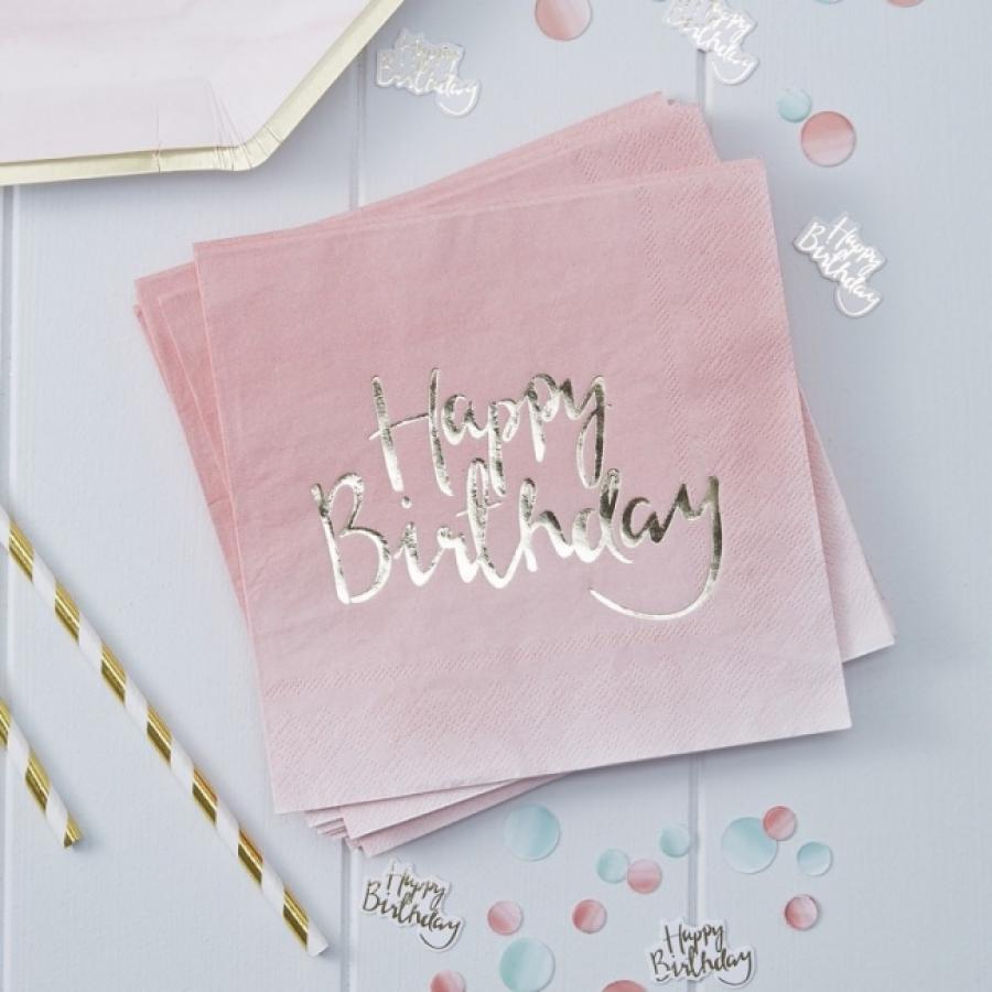 Iso lautasliina vaaleanpunainen Happy Birthday kultafoliotekstillä, 20 kpl