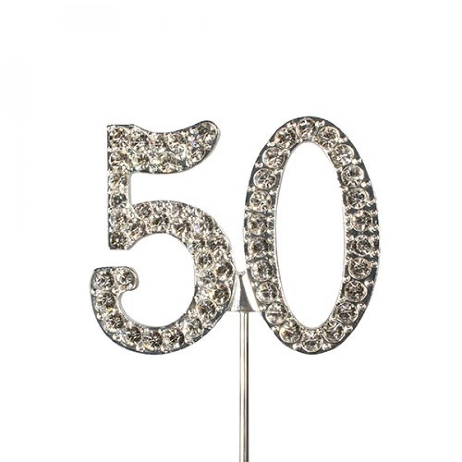 "50" hopeanvärinen kakunkoriste "timanteilla" 