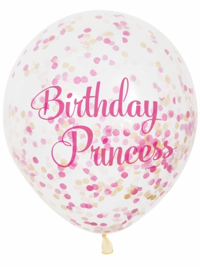 Kirkas ilmapallo "Birthday Princess", jossa täytteenä pinkkejä ja kultaisia konfetteja, 6 kpl