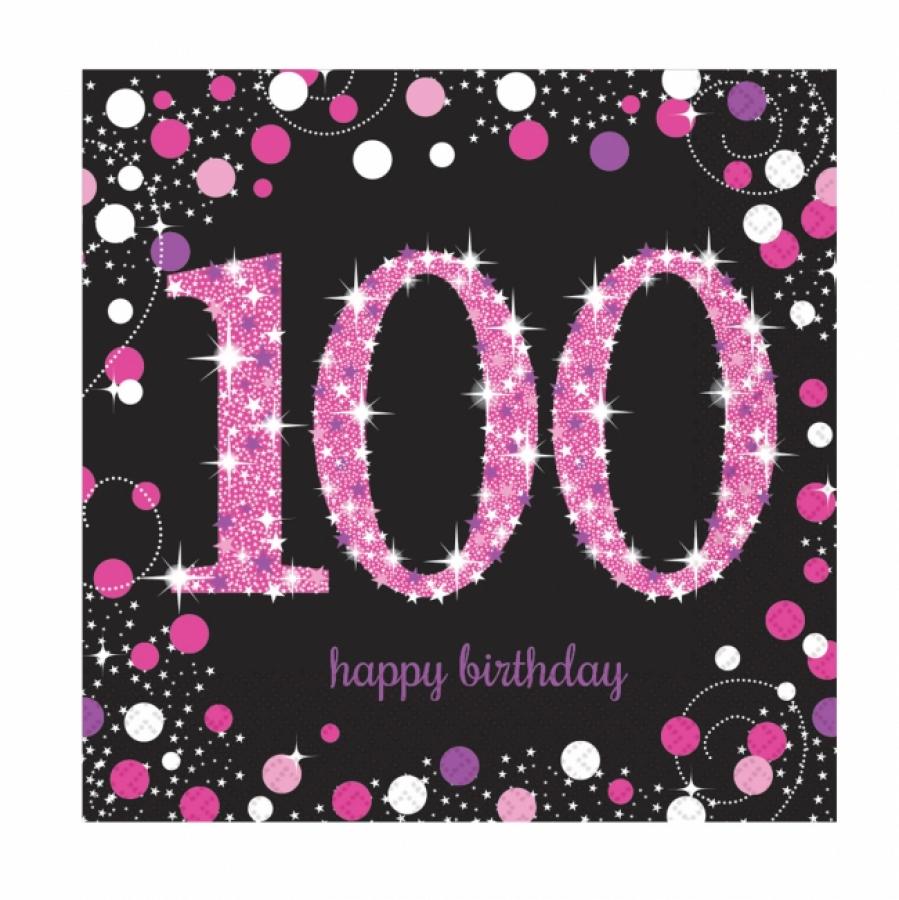 Lautasliina "100 Happy birthday" pinkki kimallus, 16 kpl