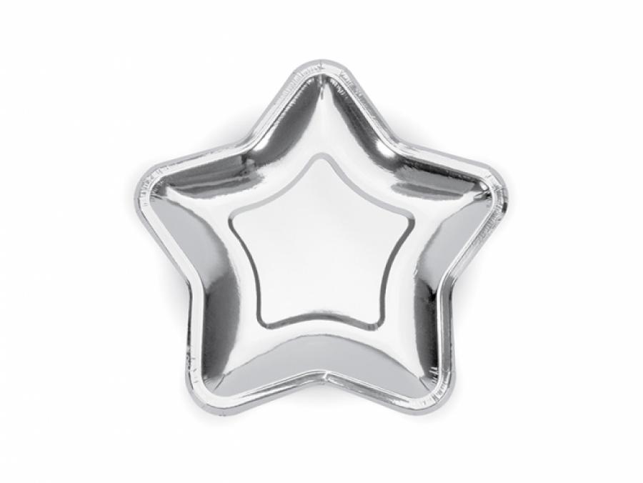 Pahvilautaset hopeanvärinen tähti 18 cm, 6 kpl