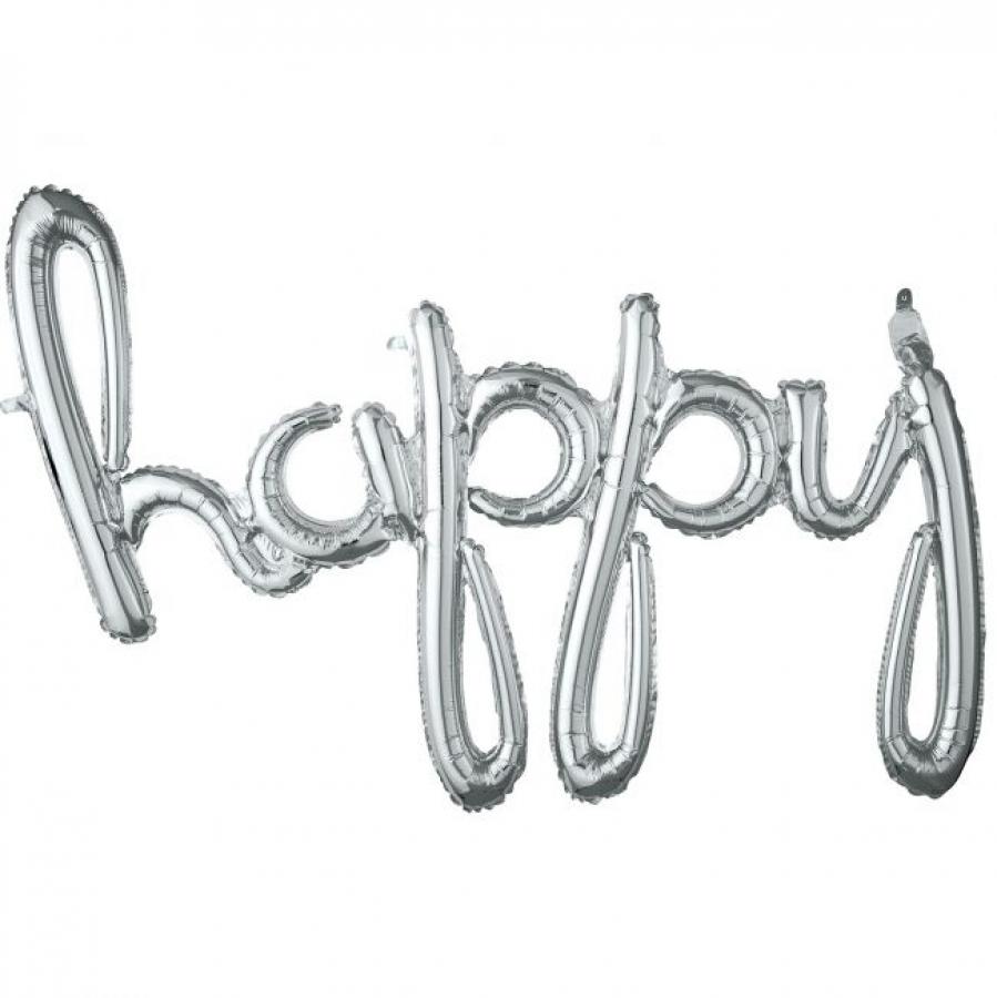 Hopeanvärinen "Happy" ilmapallobanneri