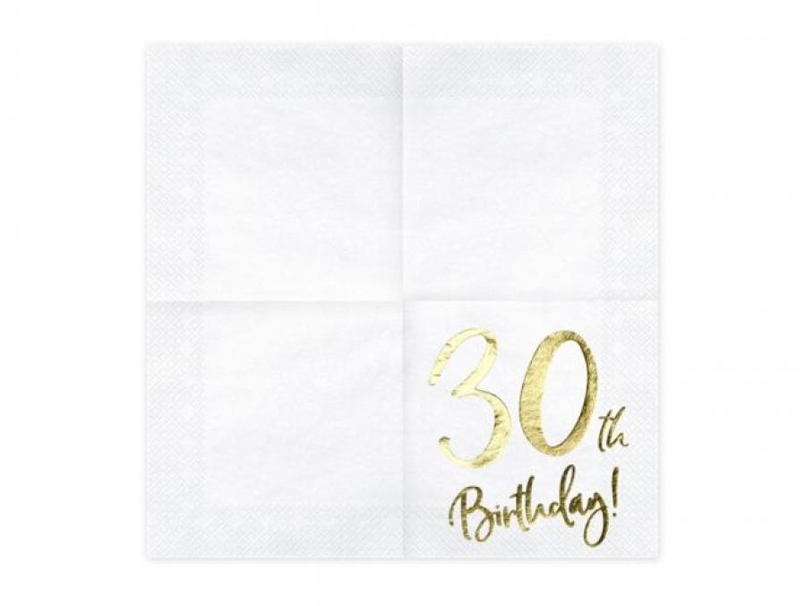 Iso valkoinen lautasliina "30th Birthday!" kultafoliotekstillä, 20 kpl