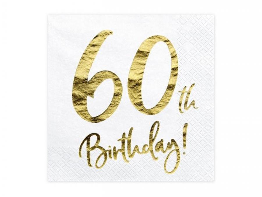 Iso valkoinen lautasliina "60th Birthday!" kultafoliotekstillä, 20 kpl