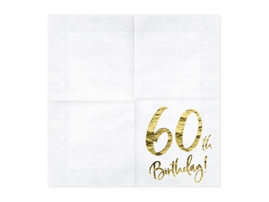 Iso valkoinen lautasliina "60th Birthday!" kultafoliotekstillä, 20 kpl