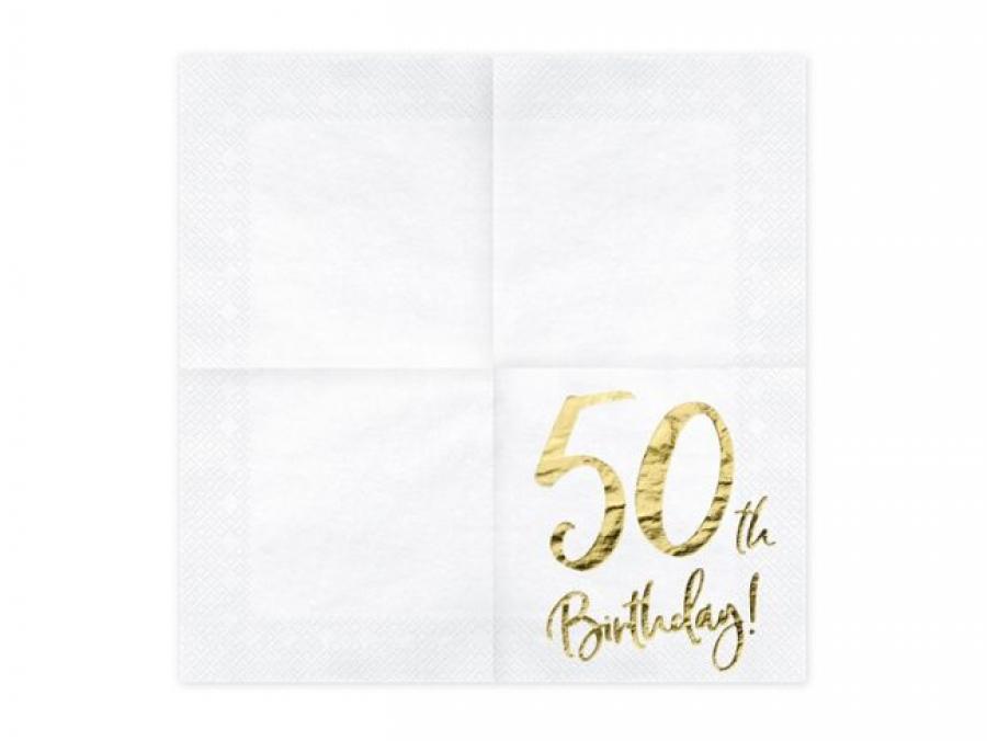 Iso valkoinen lautasliina "50th Birthday!" kultafoliotekstillä, 20 kpl