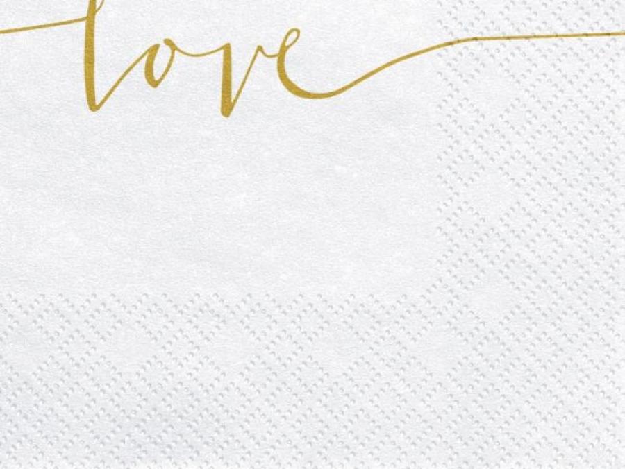 Iso lautasliina valkoinen kultaisella "love" tekstillä, 20 kpl