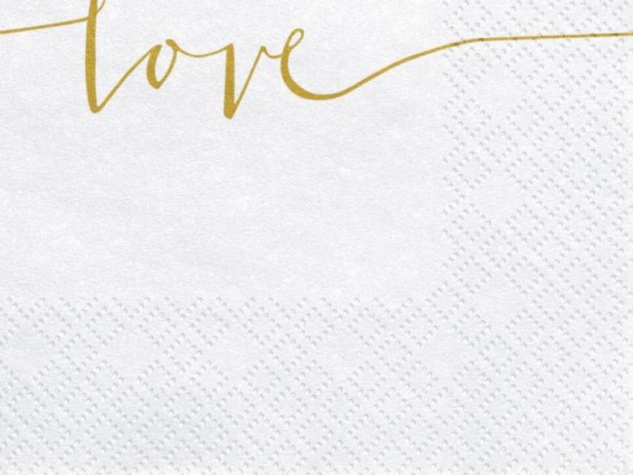 Iso lautasliina valkoinen kultaisella "love" tekstillä, 20 kpl