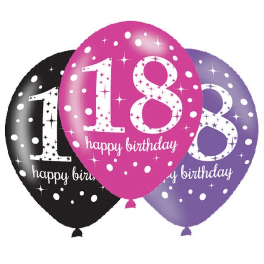Ilmapallo musta-pinkki-violetti "18 Happy birthday" 6 kpl