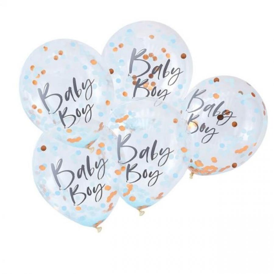 Kirkas ilmapallo "Baby Boy" sinisillä ja ruusukultaisilla konfeteilla, 5 kpl