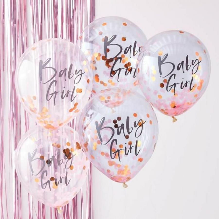 Kirkas ilmapallo "Baby Girl" vaaleanpunaisilla ja ruusukultaisilla konfeteilla, 5 kpl