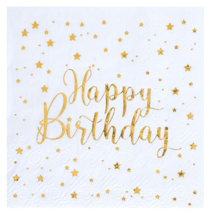Happy Birthday kultafolio valkoiset lautasliinat, 20 kpl