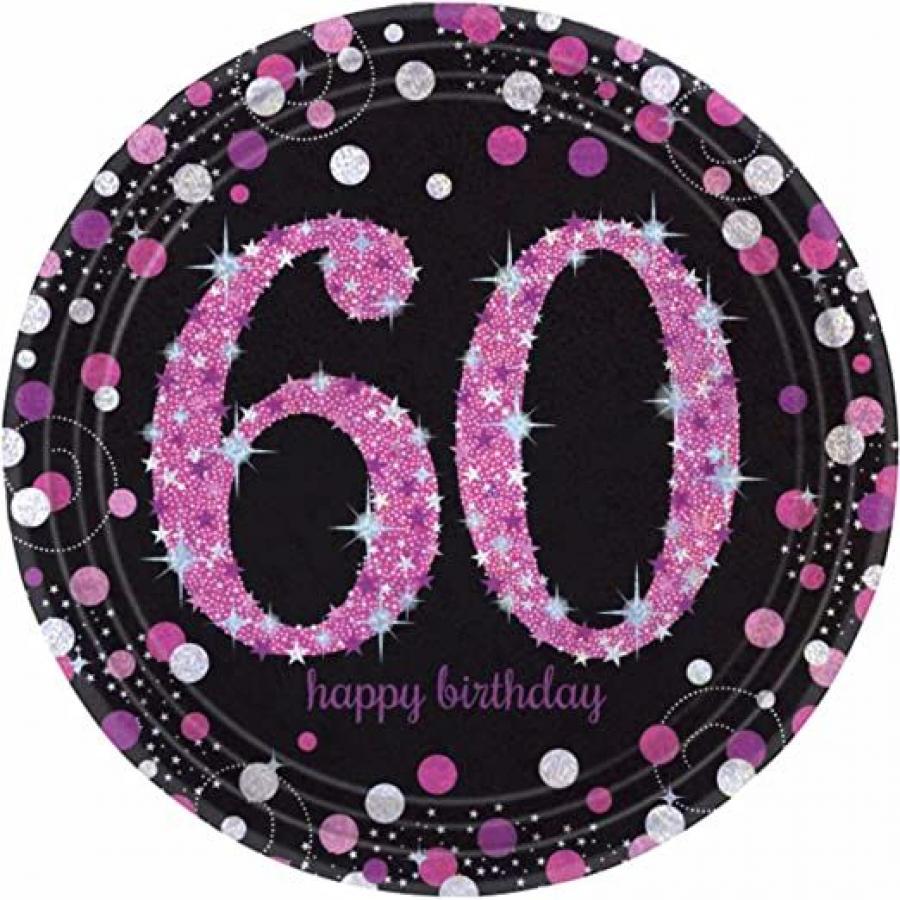 Pahvilautanen "60 Happy birthday" pinkki kimallus, 23 cm, 8 kpl
