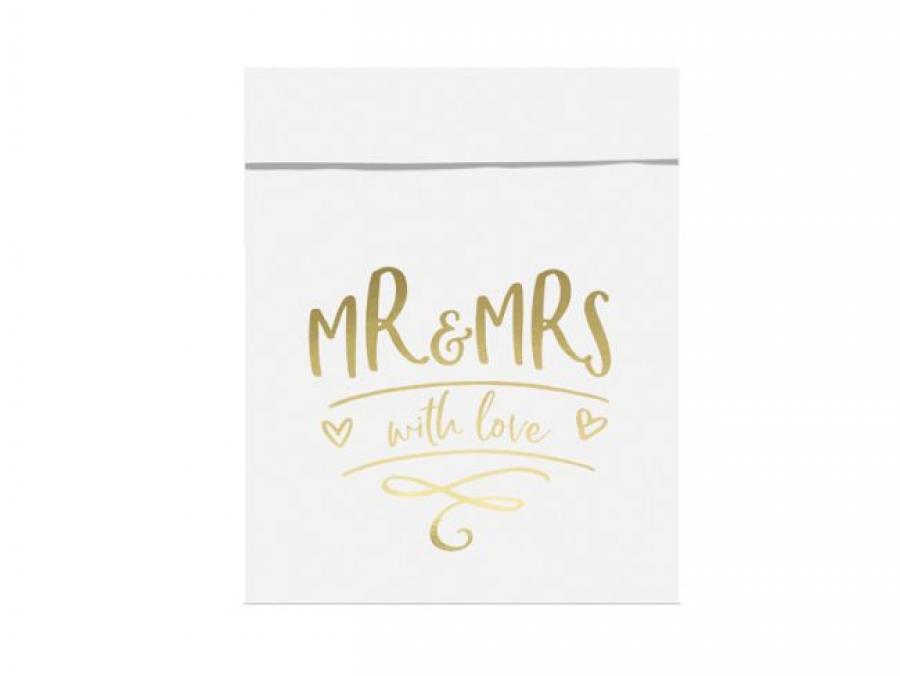 Paperipussi kultainen teksti Mr&Mrs with love, 6 kpl