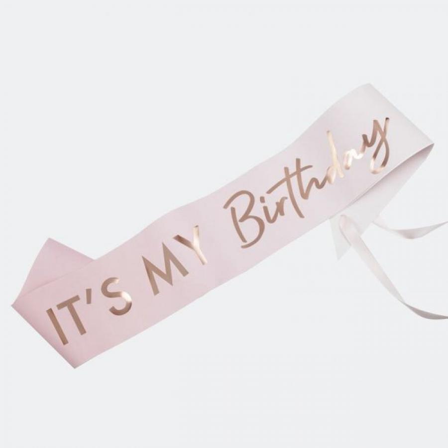 Vaaleanpunainen/pinkki olkanauha "It's My Birthday"